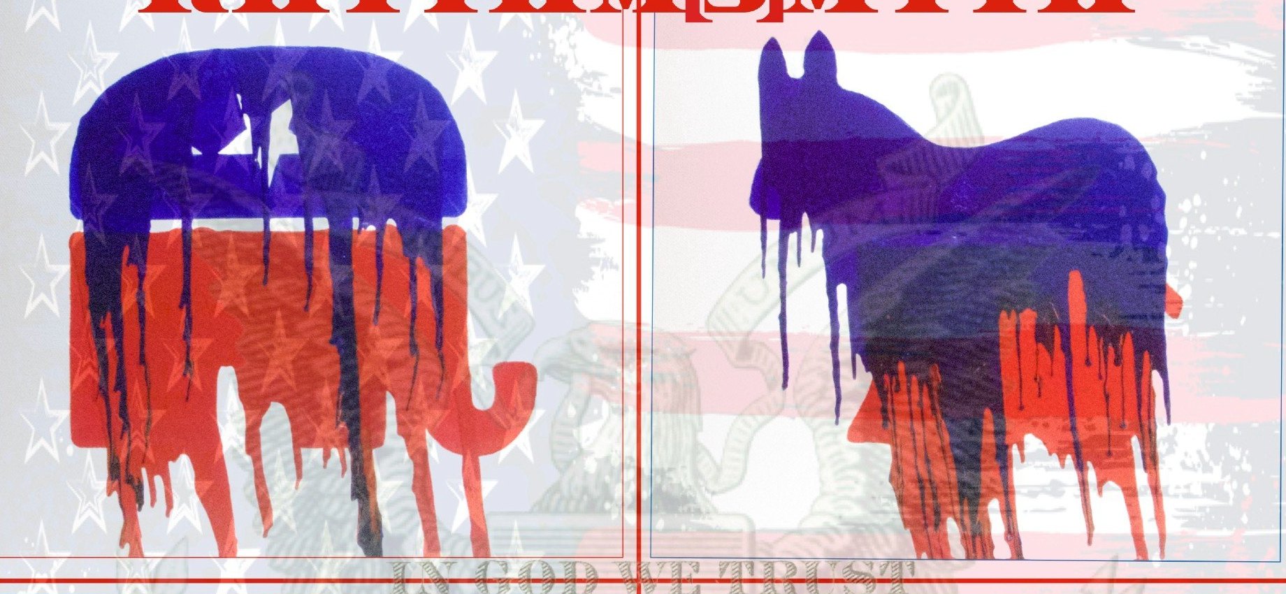 The elephant and the donkey in the top half of the cover